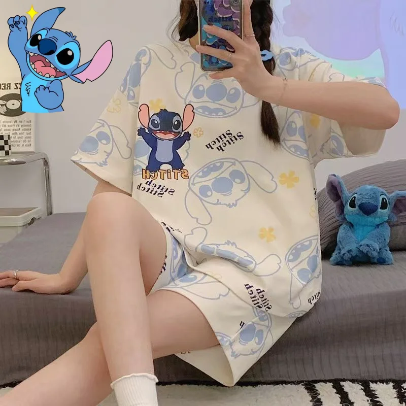 

New Disney Stitch cute creative cartoon pattern simple fashion soft and comfortable short sleeve shorts pajamas loungewear set
