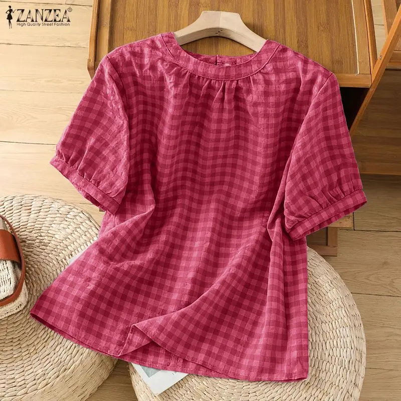 

2026 ZANZEA Summer Plaid Checked Blouse Women O Neck Short Sleeve Tops Fashion Casual Loose Work Shirt Female Holiday Blusas