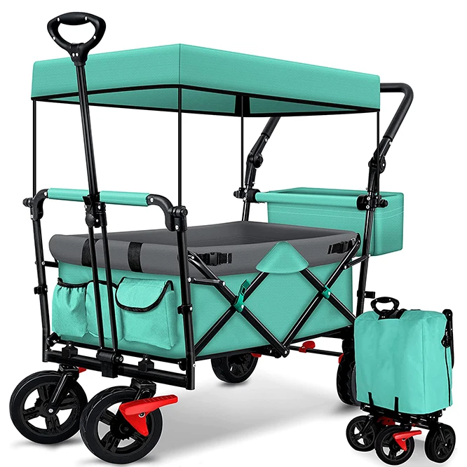 Collapsible Wagon Beach Folding Camping Trolley Handcart Foldable Trolley Canopy Outdoor Utility Folding Wagon Cart