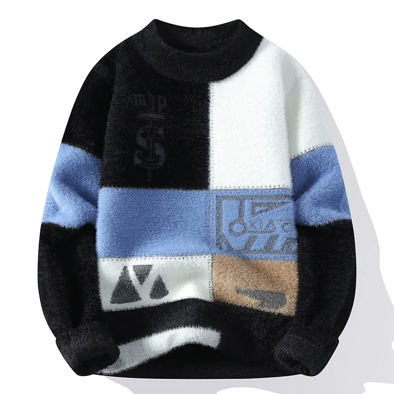 

Мужской жаккардовый вязаный свитер на флисовой подкладке, мужские свитера в стиле пэчворк с цветными блоками, мужской пуловер с круглым вырезом в корейском стиле