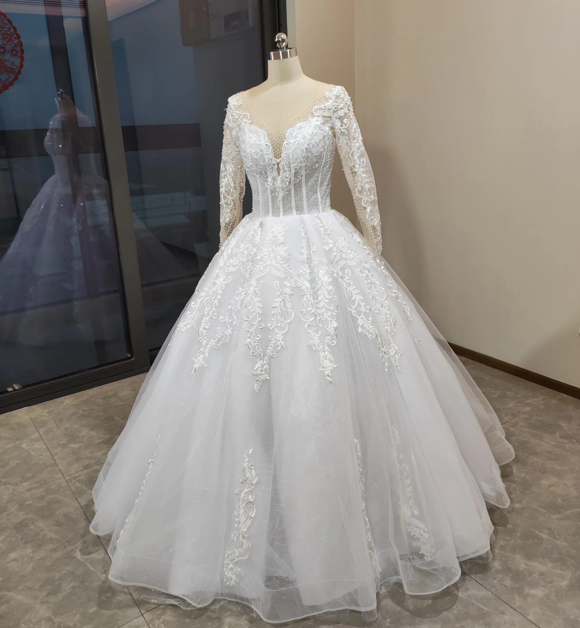 

Новое свадебное платье с иллюзией, роскошное бальное платье с бисером Vestidos De Novia и длинными рукавами, кружевное бальное платье по индивидуальному заказу, Vestido De Noiva