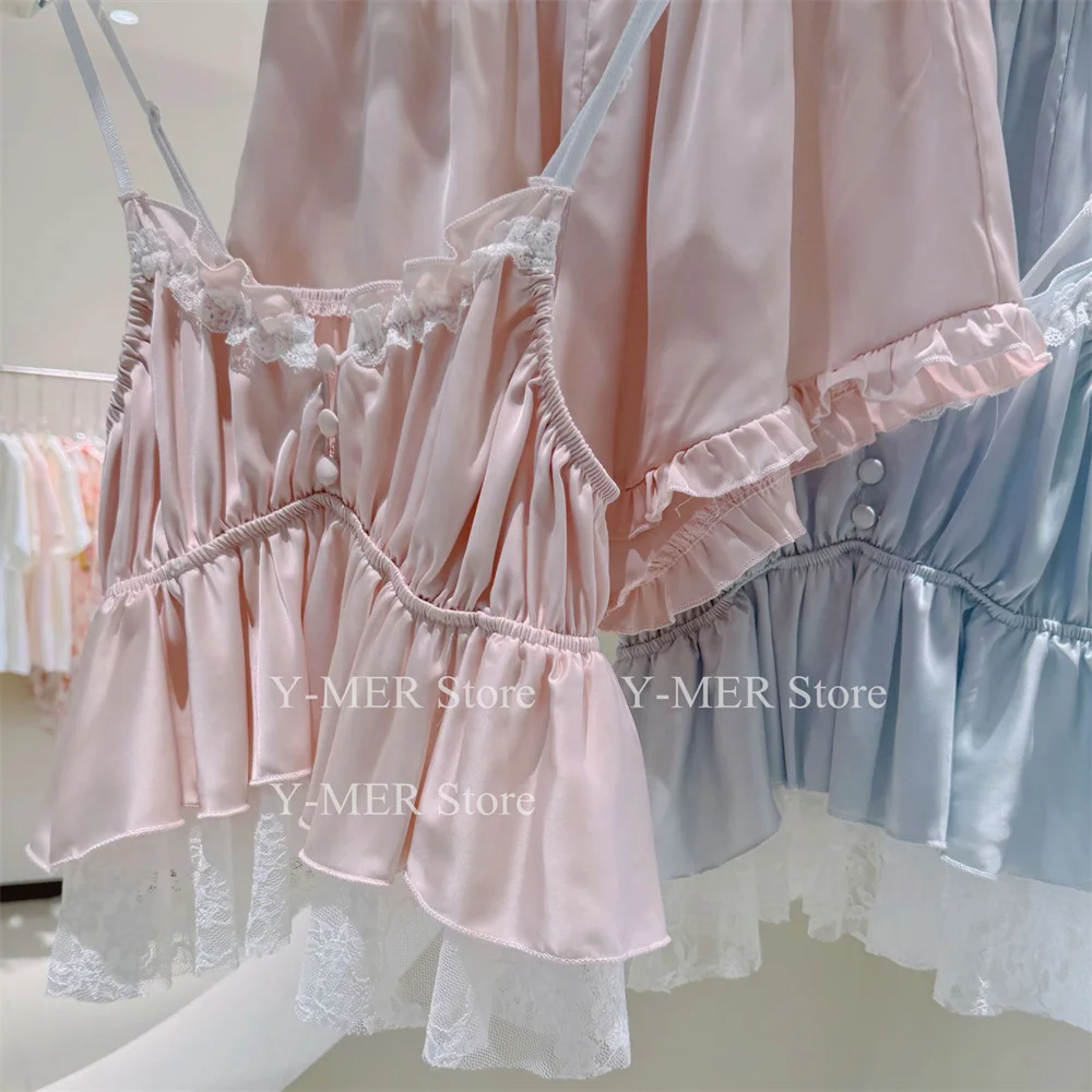 Blue Pajamas Set Elegant Home Clothes Ice Silk Sleepwear Women Loose Trousers Suit Four Seasons Loungewear Sexy Lace Nightgown