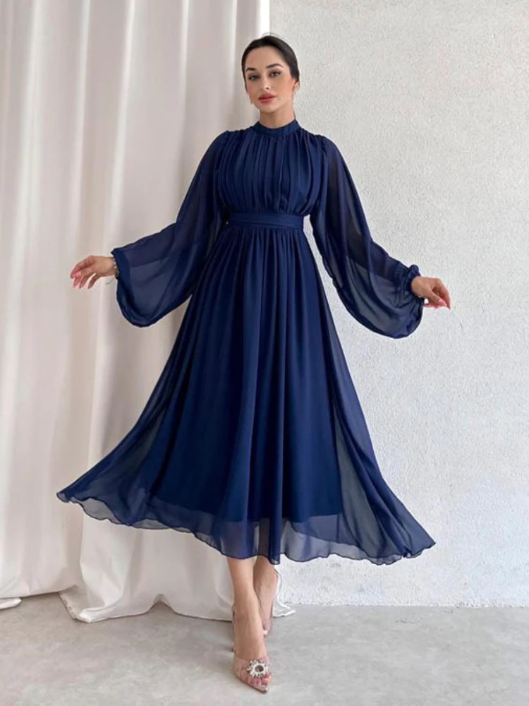 Eid Muslim Party Dress for Women Jalabiya Abaya Ramadan Long Dresses Abayas Woman Solid Pleated Vestidos Robe Caftan 2024