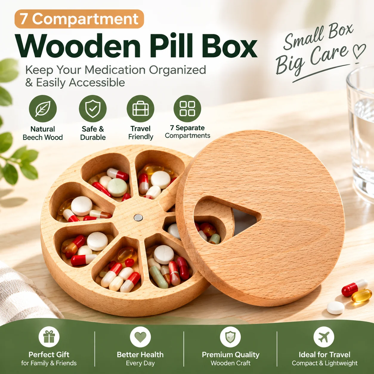Premium Beech Wood Pill Organizer 7 Day Wooden Medicine Box Moisture Proof Pill Storage Case Handcrafted Desk Decor