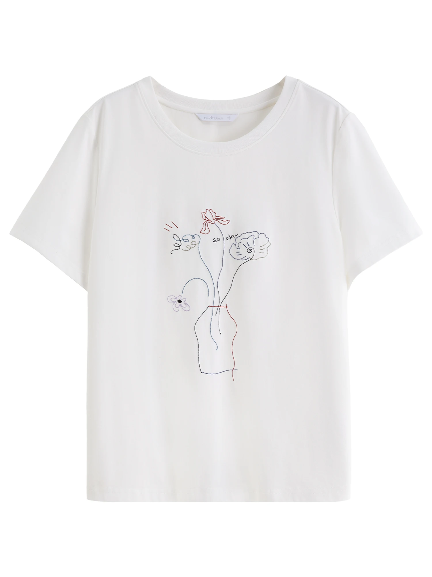 DUSHU ศิลปะปักดอกไม้เสื้อยืดคลาสสิกรอบคอ Slim แฟชั่นเสื้อลําลองสําหรับผู้หญิง 25DS82857