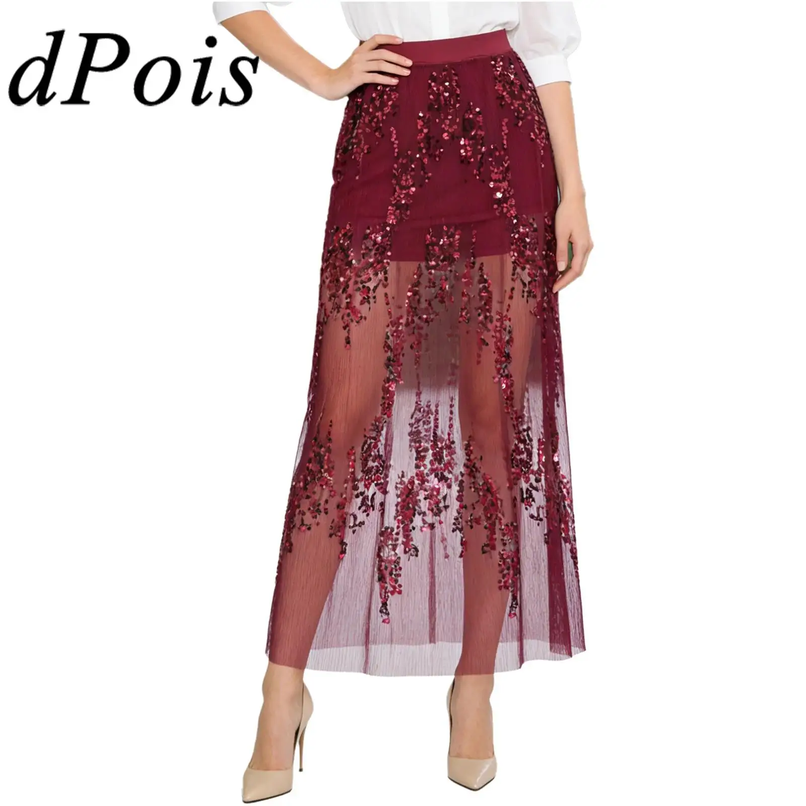 

Женская однотонная макси-юбка с пайетками и кружевом, блестящая юбка с эластичным поясом для коктейлей, выпускных вечеров, ужинов, клубных мероприятий