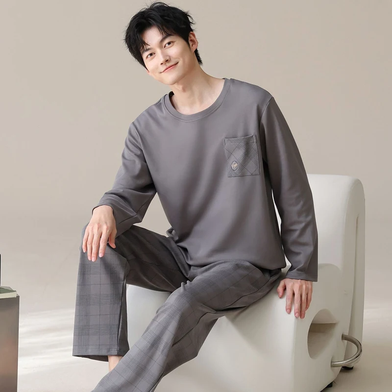 2026 Autumn Casual Plaid Long Sleeve 100% Cotton Pajama Sets for Men Korean Loose Sleepwear Pyjamas Male Homewear Home Clothes