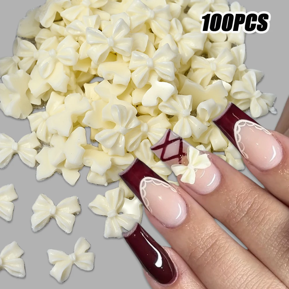 100pc Pink Beige Bow Resin Nail Art Decoration 3D Cream Color Bowknot Nail Charm Ornament Jewelry DIY Manicure Classic Accessory