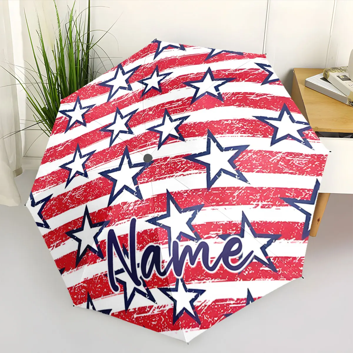 Custom Name American Flag Design Umbrella with Stars and Stripes Print 8 Iron Ribs Folding Umbrella, Auto-Open Fashion Sunshade