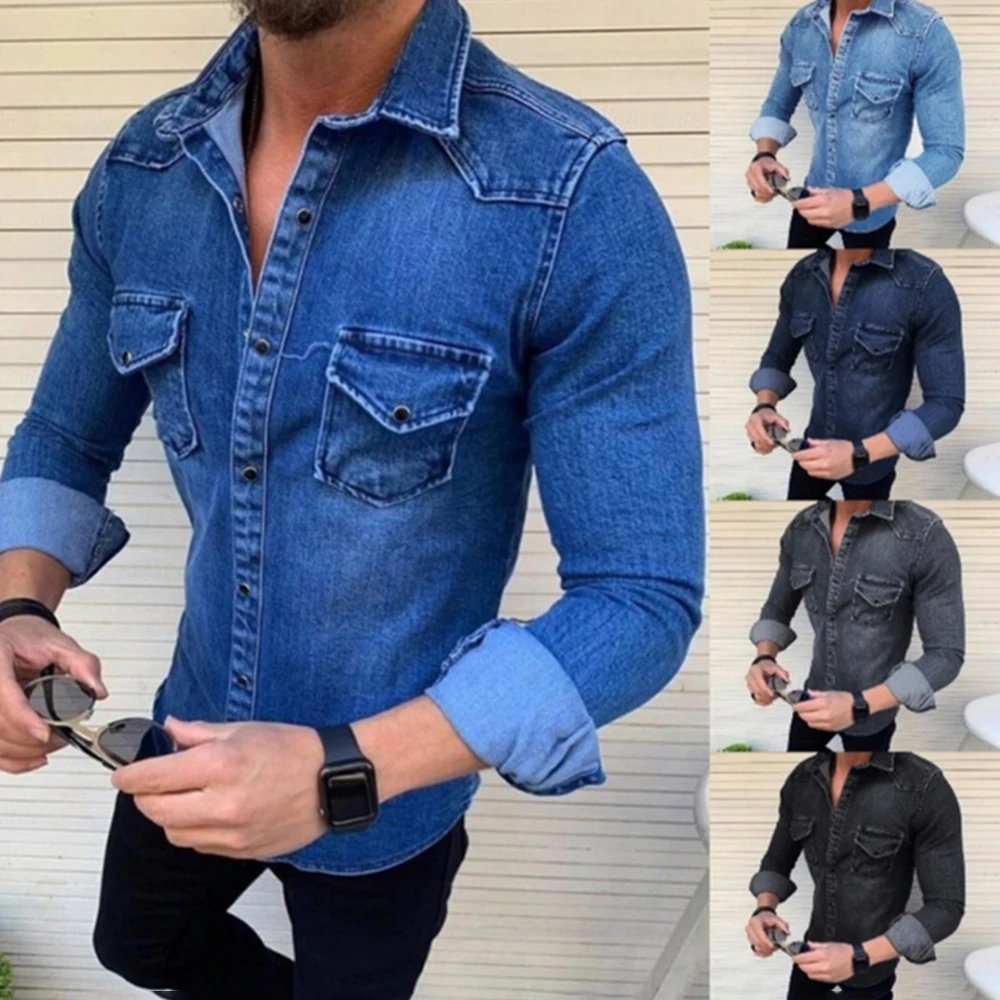 

Mens Shirt Denim Fabric Casual Retro Smart Popular Thin Fashion Trend Solid Color Figure-Shaping Easy-To-Match Top For Men