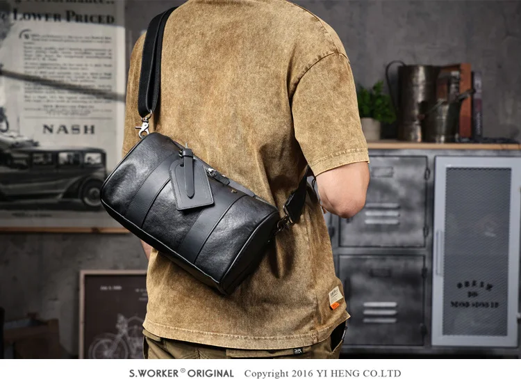 Outdoor-Reisen hochwertige echtes Leder Herren schwarze Zylinder Umhängetasche lässig Designer handgefertigte Rindsleder Umhängetasche – Detail 7