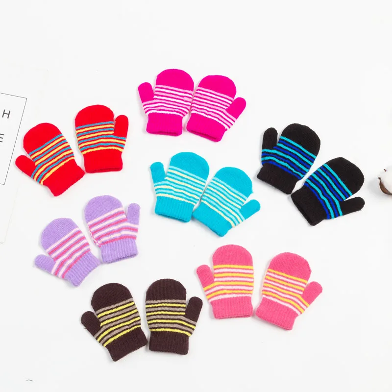 Children Striped Fingerless Gloves Thick Winter Kids Knitted Glove 1-2year Boy Girl Hand Warmer  Kindergarten Baby Plush Mittens