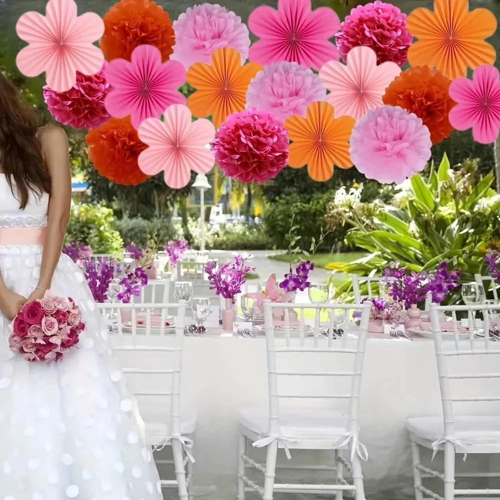 18Pcs Orange Rose Pink Paper Fans & Pom Poms Decor for Birthday Bachelorette Wedding School Party Harvest Festival & Anniversary view 4