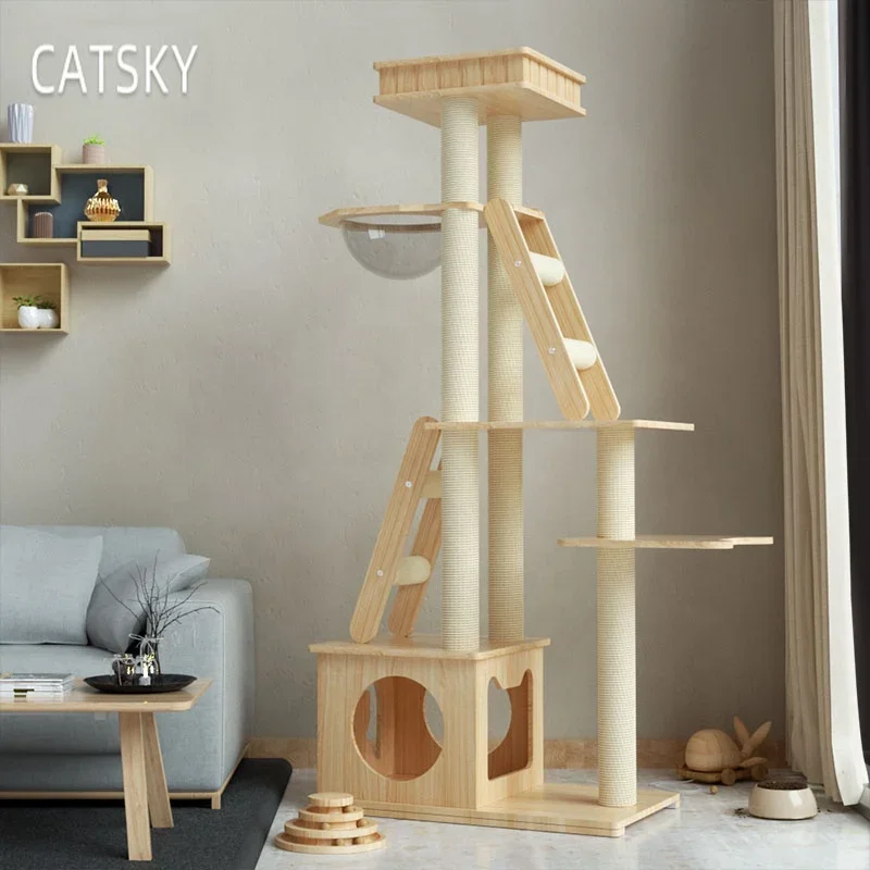 Modern New Style Solid Wood Cat Tree Tower Natural Scratching House Climbing Frame for Big Cats for Playing and Climbing