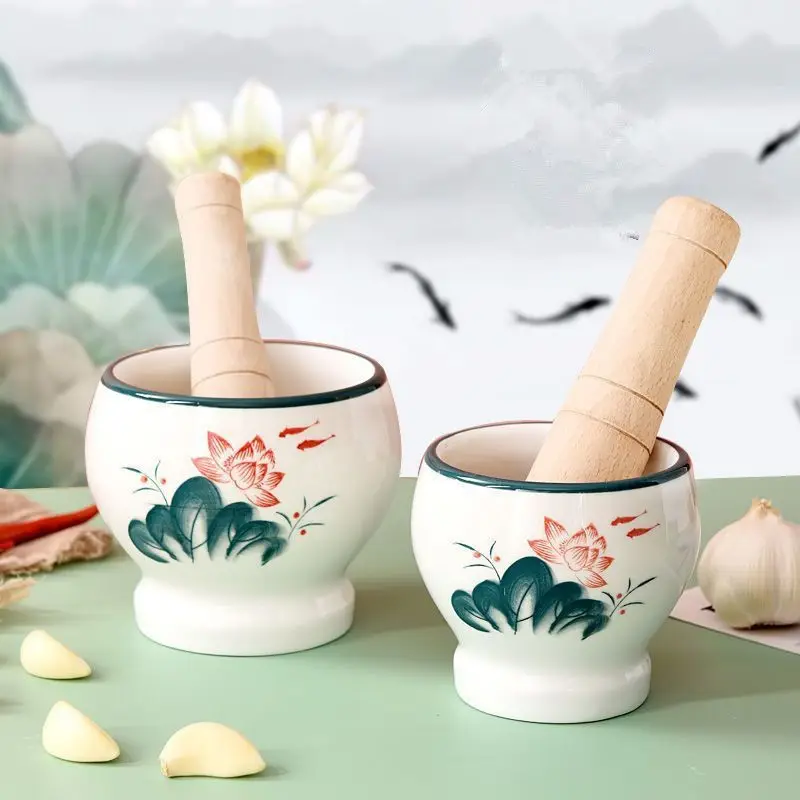 

Chinese painting old ceramic pounding garlic paste chili pepper pounding medicine household artifact old style pounding garlic