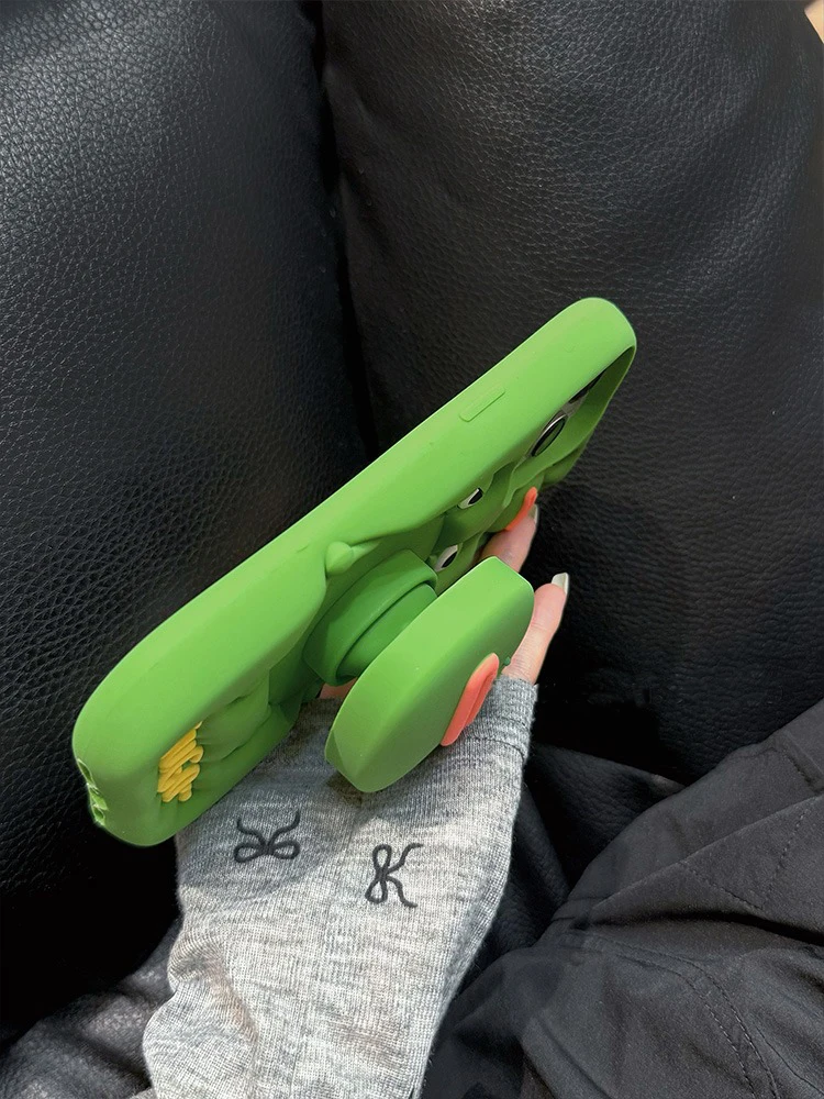 Funny 3D Cute Big Mouth Frog Silicone Hidden Holder Case For iPhone 11 12 13 14 15 16 17 Pro Max Shockproof Phone Cover