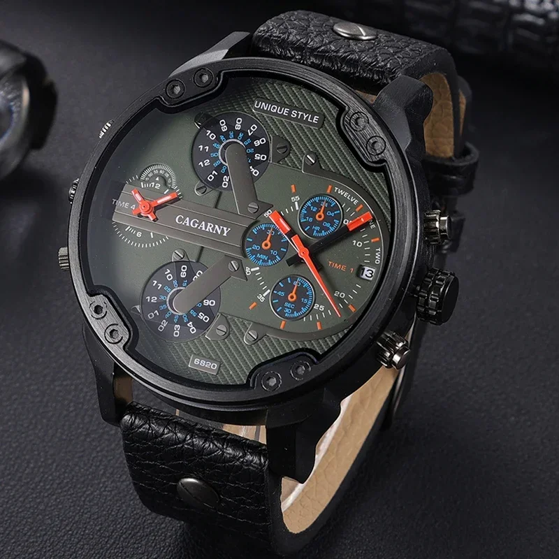 Men Luxury Watch Cool Big Case Quartz Watch for Men 2 Time Zones Watches Leather Casual Military Relogio Masculino Male Clock