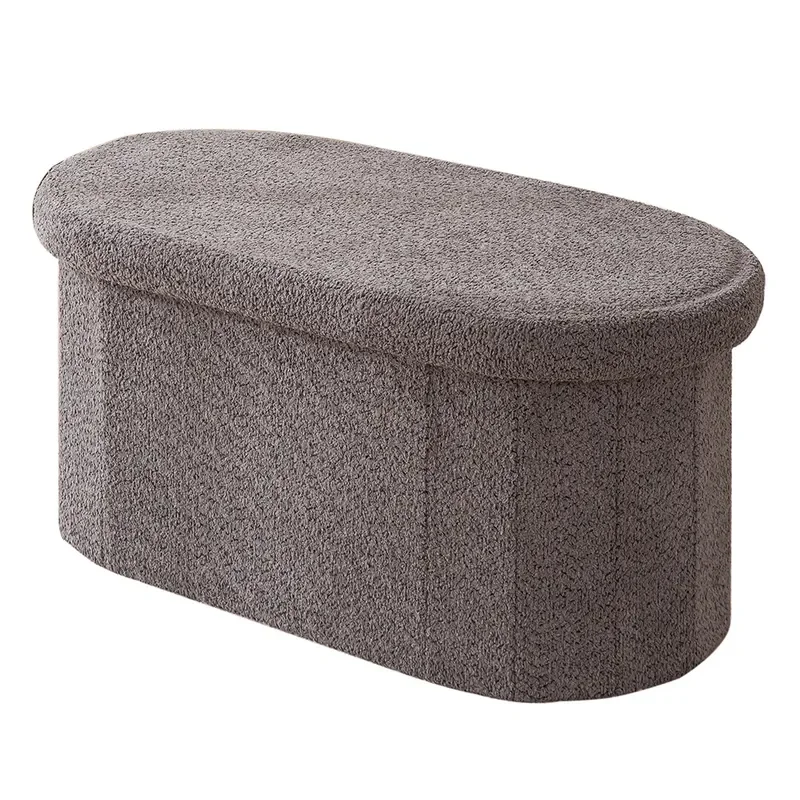 Foldable Oval Teddy Velvet Storage Ottoman Multifunctional Fabric Footrest Bench for Living Room Shoe Changing