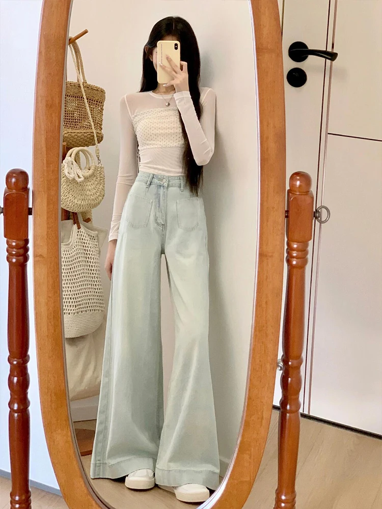 Light Color Silk A-Line Flared Jeans Women's Thin Summer Small Size High Waist Wide Leg Straight Cut Wide Leg Pants