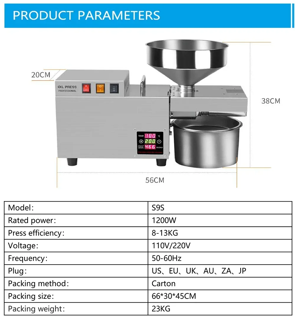 Prensa de aceite comercial S9s de acero inoxidable, prensa de aceite automática inteligente de alta resistencia, prensa de aceite de maní y semillas de girasol, 1500W (máx.)