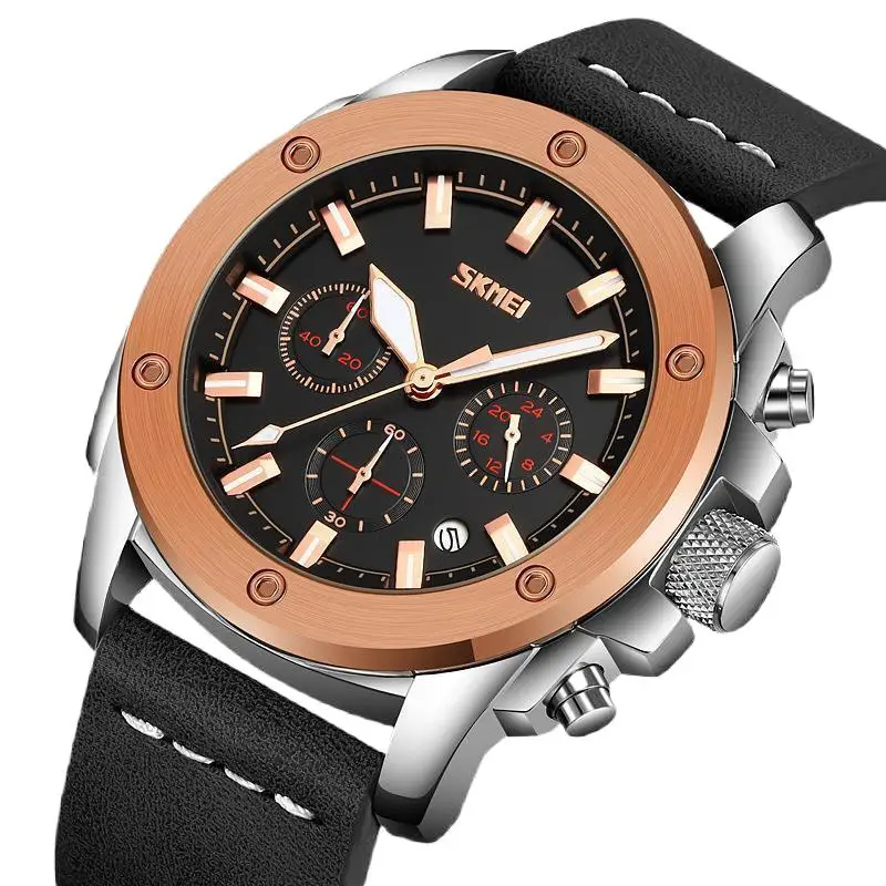 ساعة SkmeiMen كوارتز مقاومة للماء بحزام جلدي، ساعة يد مضيئة بمينا كبير