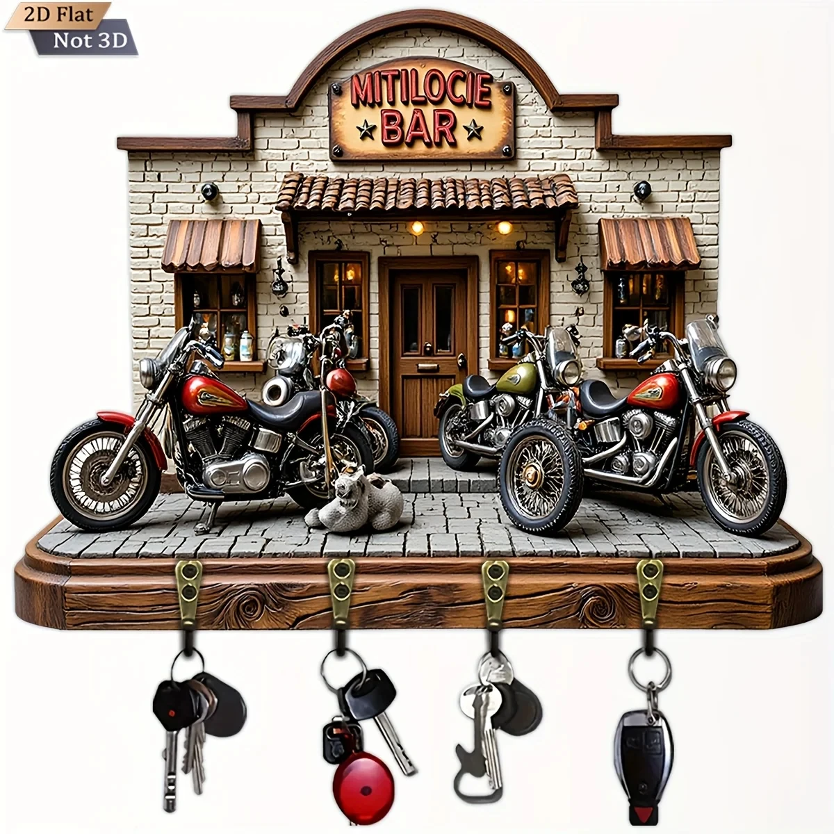 2D Flat. 1pc, Motorcycle Bar Key Hook, Wooden Multi-Functional Home Key Hanger, with Four Metal Hooks, Wall Decoration, Porch