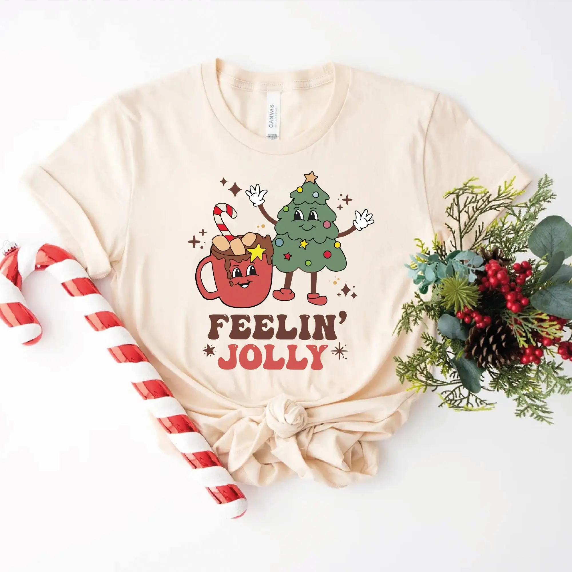 Feelling Jolly Christmas T Shirt Vintage Tree And Hot Cocoa Feeling Cute Retro Holiday