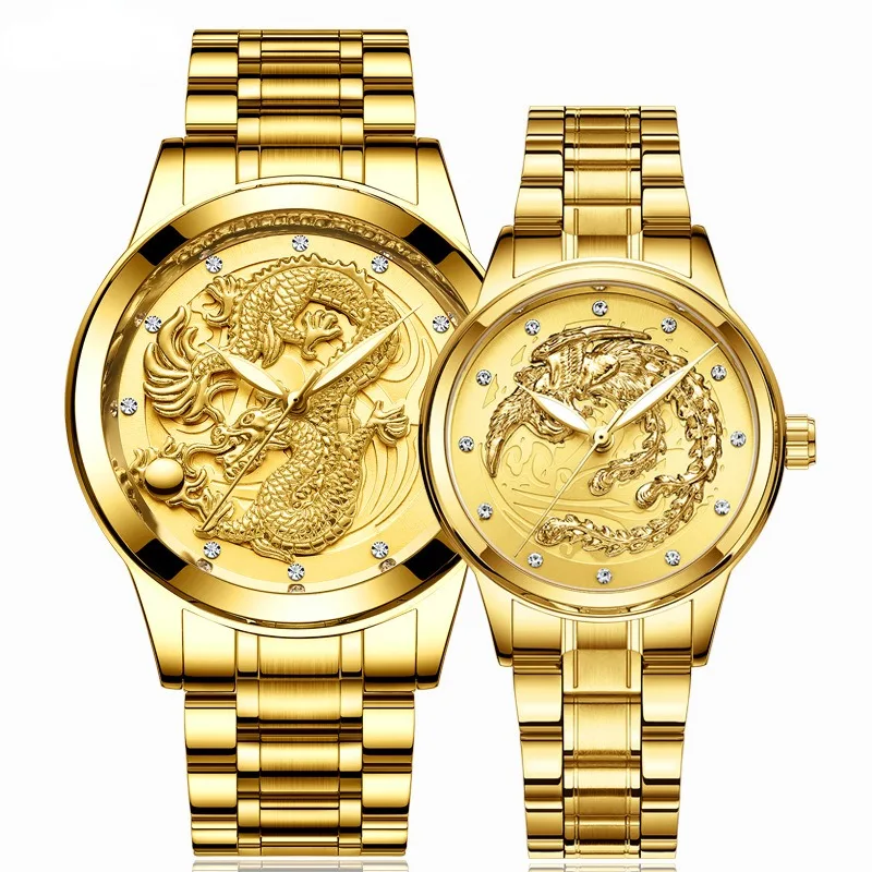 

Couple Luxury Full Gold Clock Big Dial Dragon Phoenix Waterproof Men Women Luminous Calendar Date Round Quartz Watches