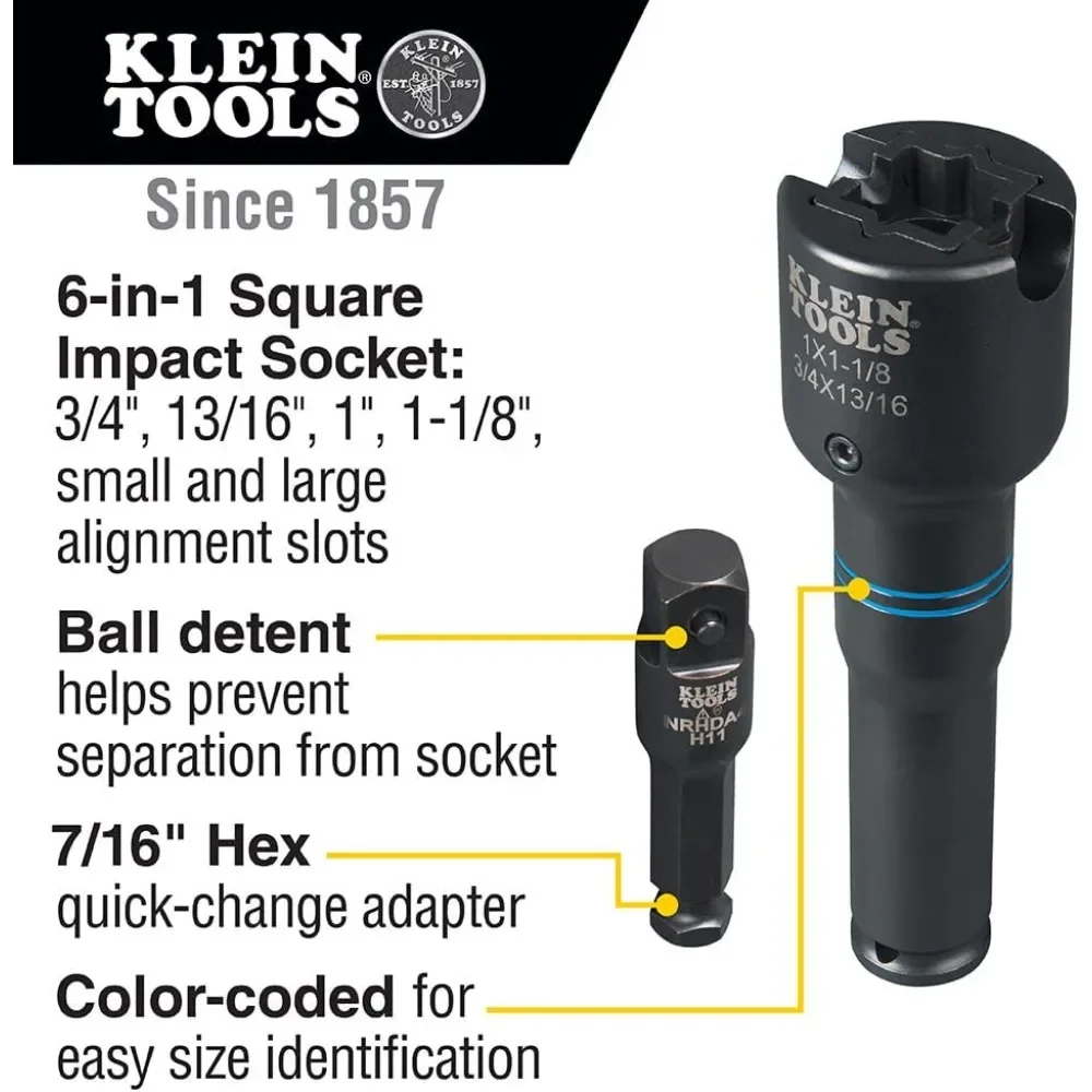 Klein Tools NRHD4 Impact Socket Set, 6-in-1 SAE Socket Wrench, 4 Point Sockets: 3/4, 13/16, 1, 1-1/8-Inch Sockets and Small and