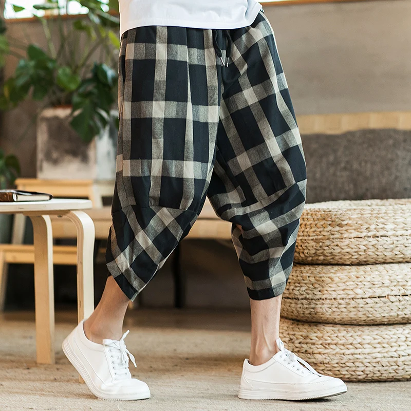 Plaid Harem Pants Men's Jogging Pants Sweatpants Japanese Street Men's Pants Work Stitching Calf-length Pants