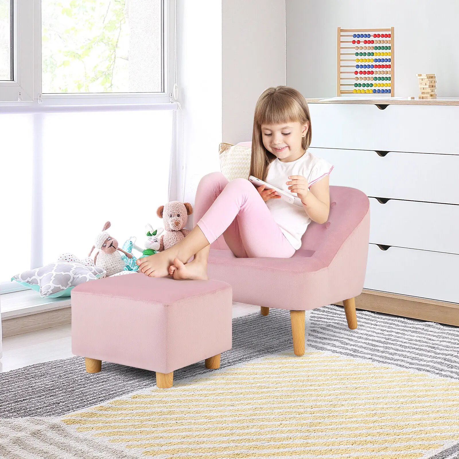 Costway Kids Sofa Chair w/ Ottoman Toddler Single Sofa Velvet Upholstered Couch Pink