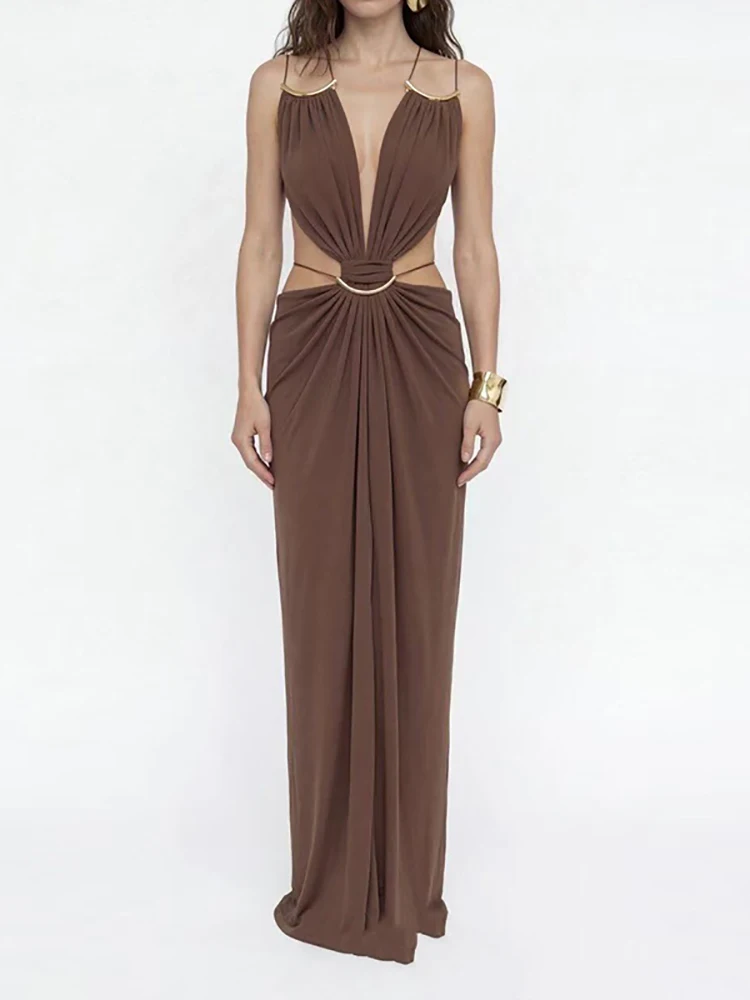 

Simple Solid Off Shoulder Beach Holiday Dress Casual V-neck Suspender Maxi Dress Sexy Charming Sleeveless Pleated Women's Dress