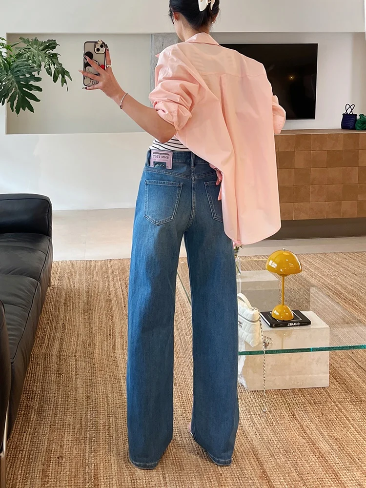 

Spring 2026 High Waist Straight Leg Denim Jeans Women's Slim Fit Wide Leg Pants Elastic Blue Comfortable Cotton Blend