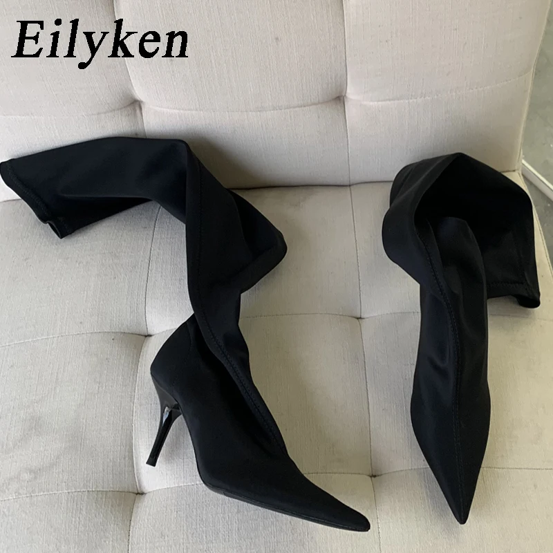 Eilyken Thigh High Boots Over The Knee Elastic Stretch Boots Women Sexy Pointed Toe Low Heels Sock Botas Mujer