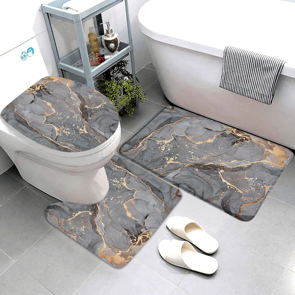 3pcs Sets Black Marble Bath Mats Gold Grey Lines Creative Abstract Geometric Art Home Bathroom Door Rug Anti-Slip Toilet Lid Mat