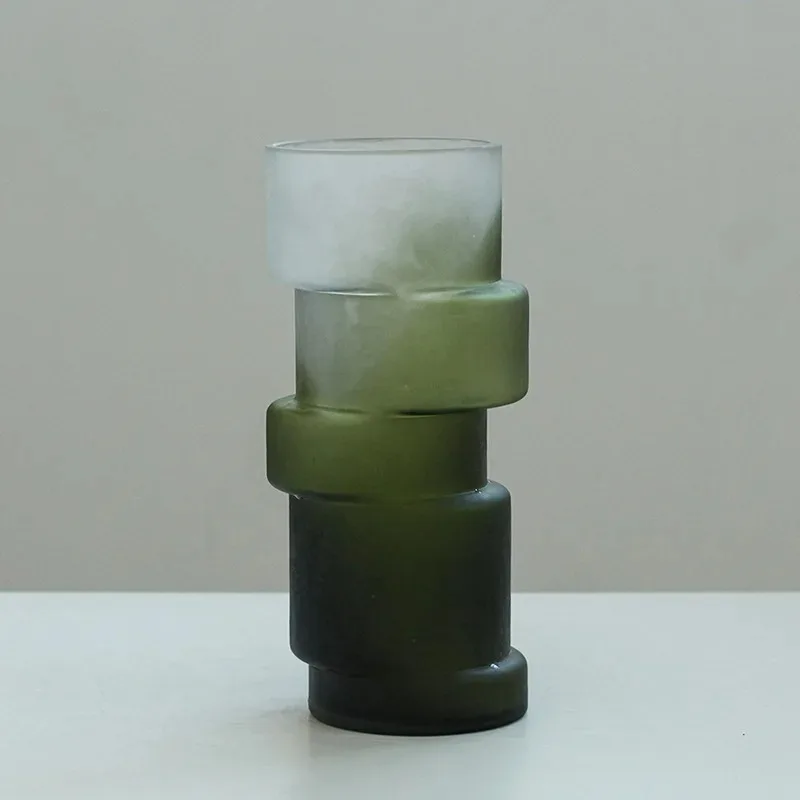 Glass Vase Geometric Misalignment Matte Gradient Green Bamboo Joint Glass Vase Hydroponics Terrarium Home Decoration Accessories