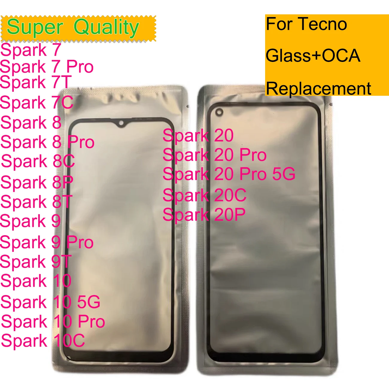 10Pcs/Lot For Tecno Spark 20 Pro 20C 20P 10 5G 10C 9 9P 9T 8C 8P 8T 8 Pro 7 7P 7T Touch Screen Panel Front Outer Glass With OCA