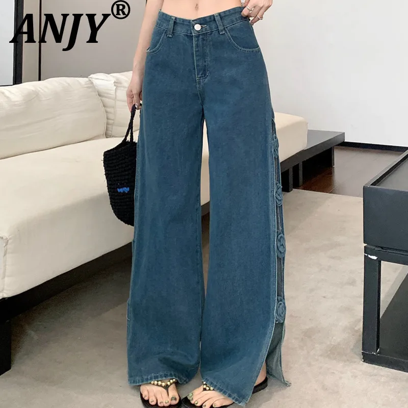 

ANJY Summer New Woman Wide Leg Jeans Hollow Out Split Three-Dimensional Flower Vintage High Street Trendy Y2K Casual Pants A8705