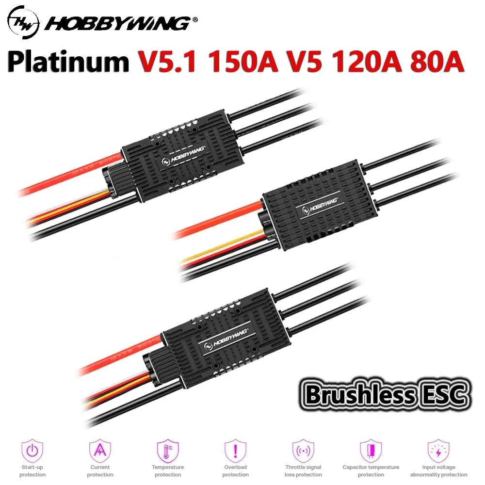 HobbyWing RC Drone Aircraft Helicopter Fixed-Wing Brushless ESC Platinum V5 150A/120A/80A Electric Speed Control Switchable BEC