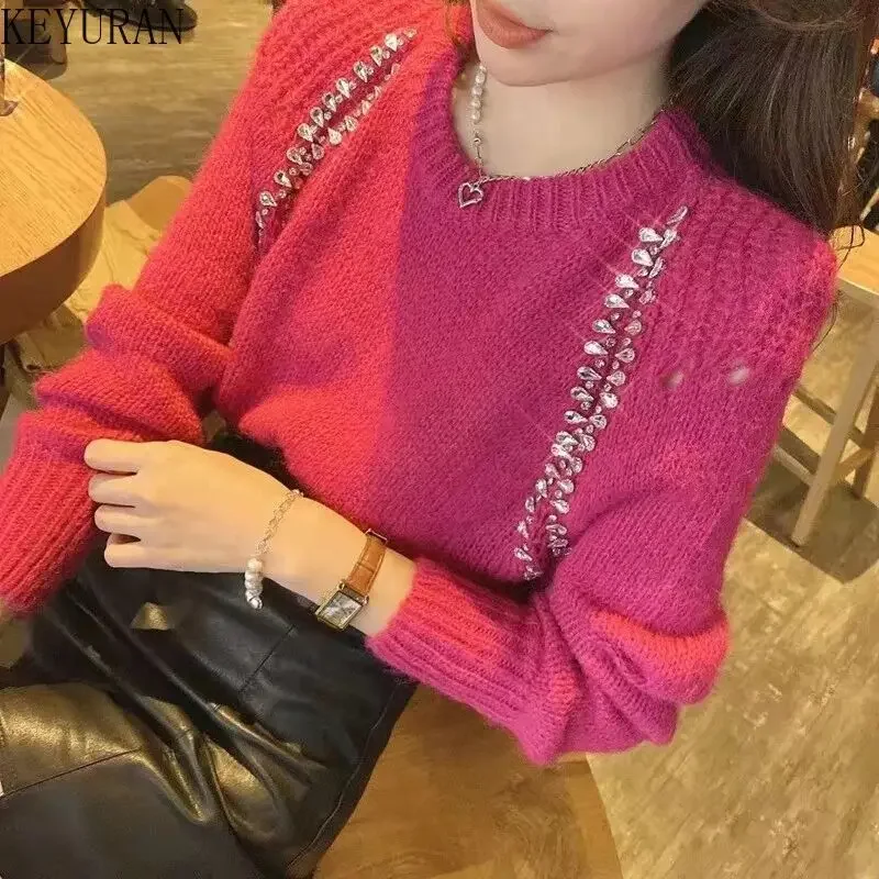 Fashion Women Shoulder Padded Rhinestone Beaded Solid Color Cropped Sweater 2024 Autumn Lady New Long Sleeve Loose Knitted Top