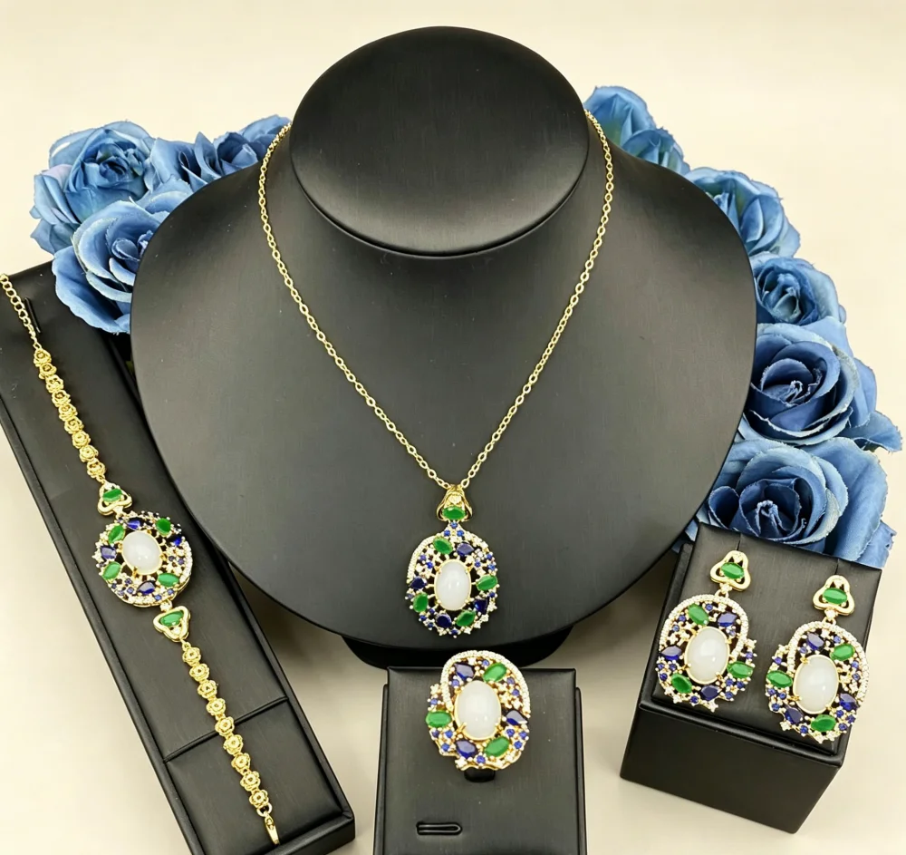 JRH Gold Plated Copper Women Jewelry Set with Shiny Zircon Necklace Earrings Ring Bracelet for Party Banquet