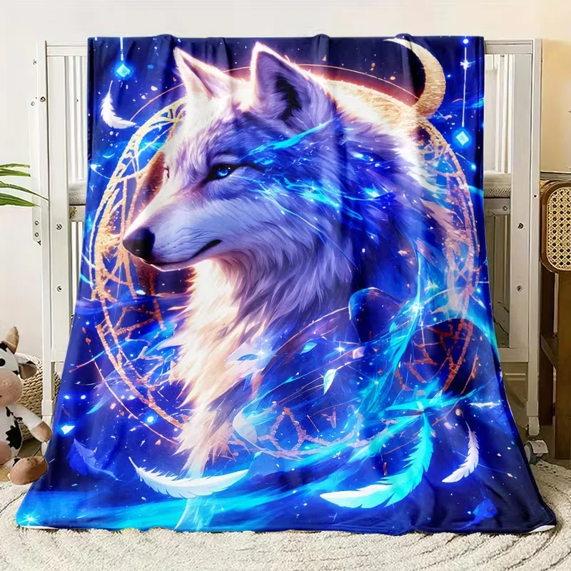 Galaxy Magic Wolf Print Throw Blanket Cool Blue Cosmic Wolf Pattern Soft Blanket for Sofa Bed Couch All Season Use