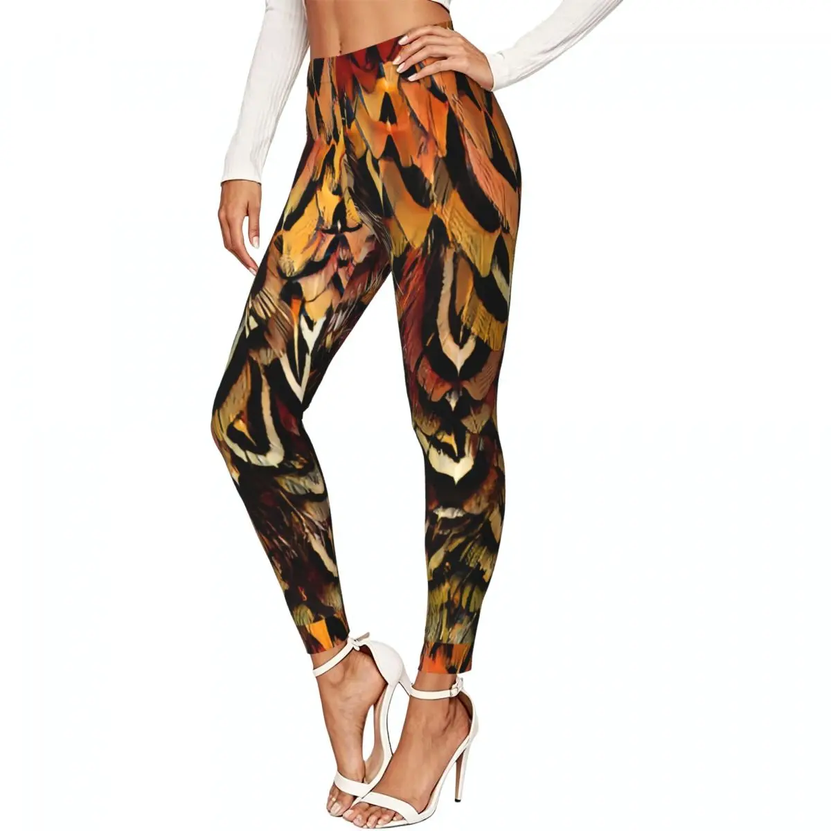 Women Full Length Elastic Leggings High Waist Tight Pants Feather Casual Bottoms