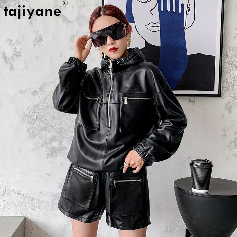 Tajiyane Echt Leder Top Herbst Echtem Leder Jacken für Frauen Schwarz Jacke High Street Mit Kapuze Pullover Jaqueta Feminina SGG