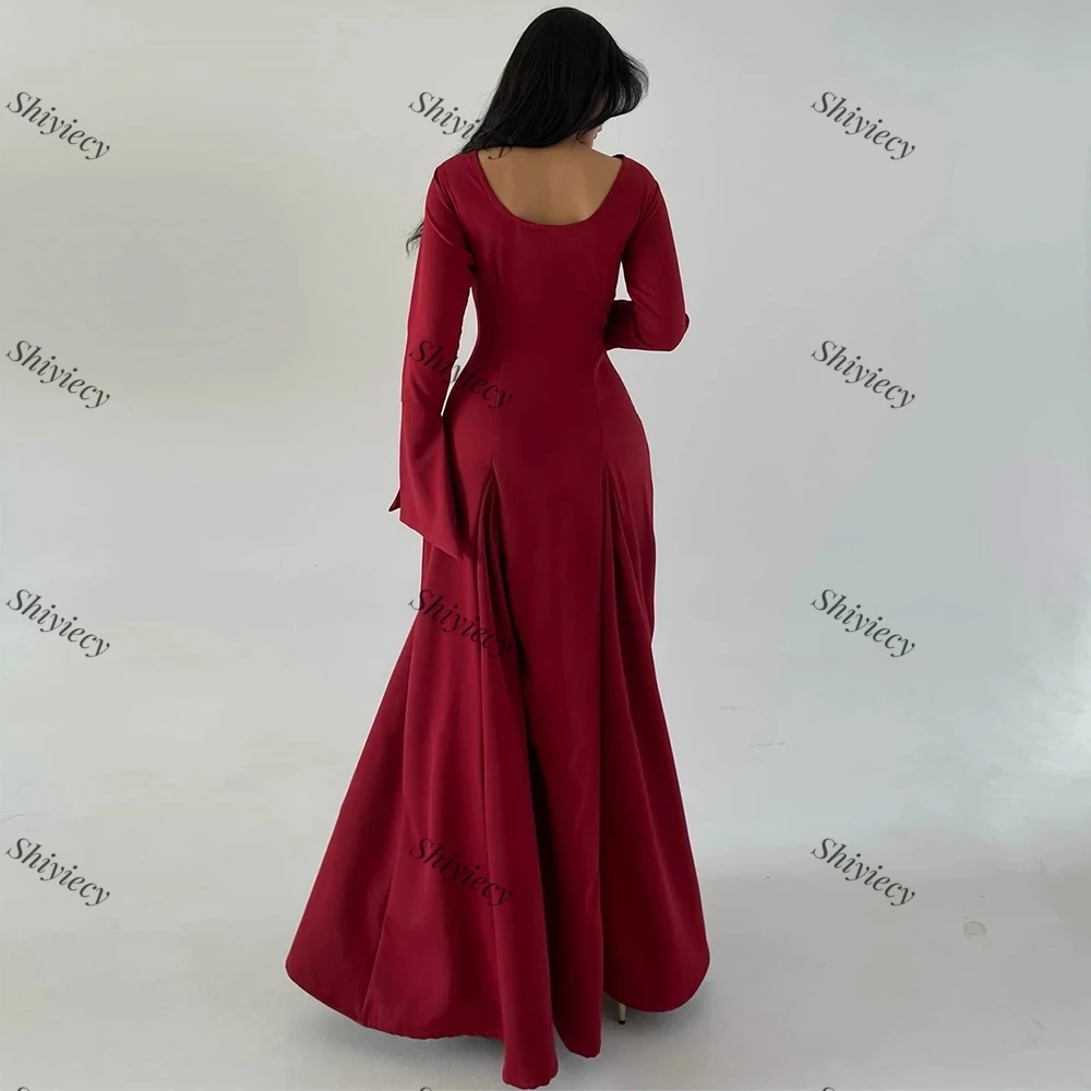 Saudi Arabia Jersey Evening Dress with Long Flare Sleeves Boat Neck A-Line Prom Dress High Quality Formal Evening Party Gowns