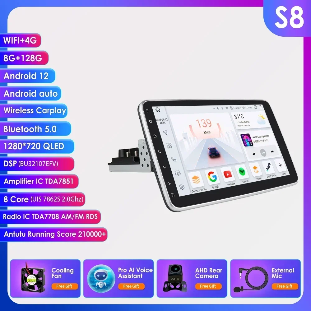 1 Din Android Autoradio GPS voor Universele Auto Multimedia Speler 1DIN Draaibaar Scherm Video Autoradio Draadloze Carplay 10.1Inch