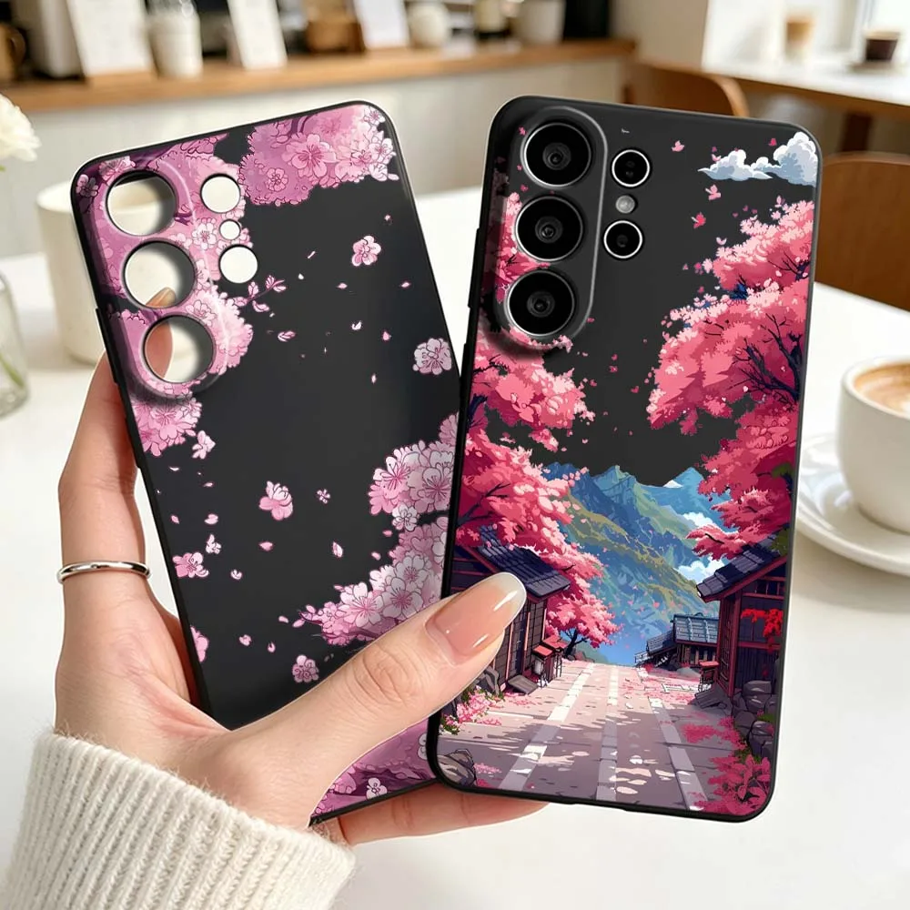 Scene Pink Cherry Blossoms Phone Case For Samsung Galaxy S26 S25 S24 S23 S22 S21 S20 Pro Ultra Plus FE Black Silicone Cover