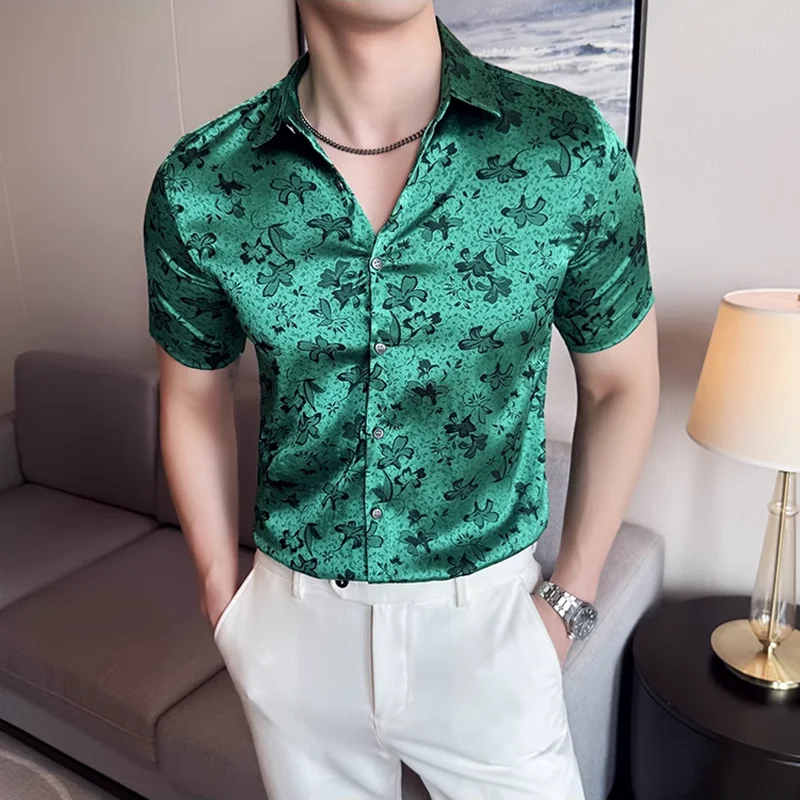 

Летняя рубашка из ледяного шелка с цветочным принтом, новинка 2025, мужская повседневная модная рубашка с коротким рукавом в корейском стиле, облегающие рубашки с принтом, смокинг 4XL-M