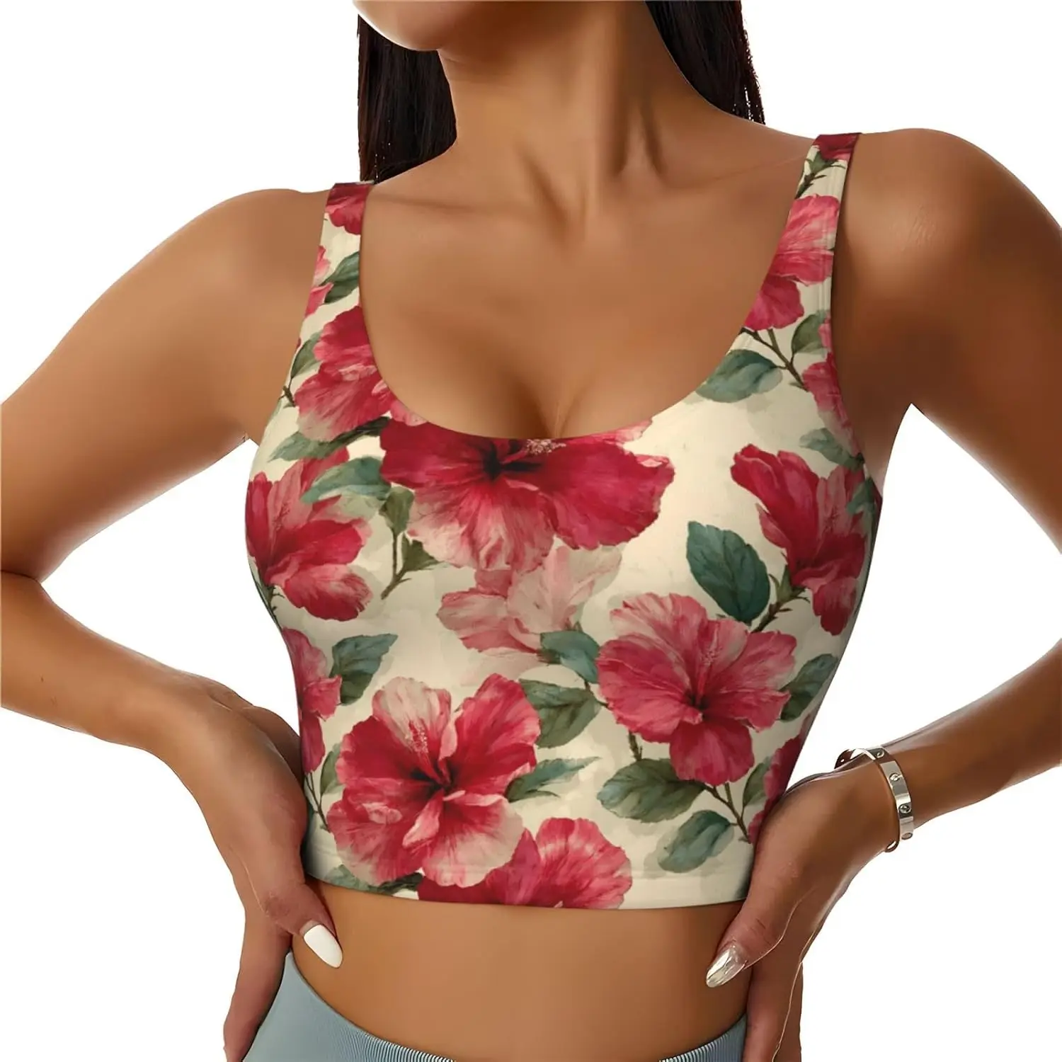Reggiseni sportivi da donna in stile Hawaii con fiore di ibisco rosso, top corto da allenamento per yoga con cuscinetti incorporati