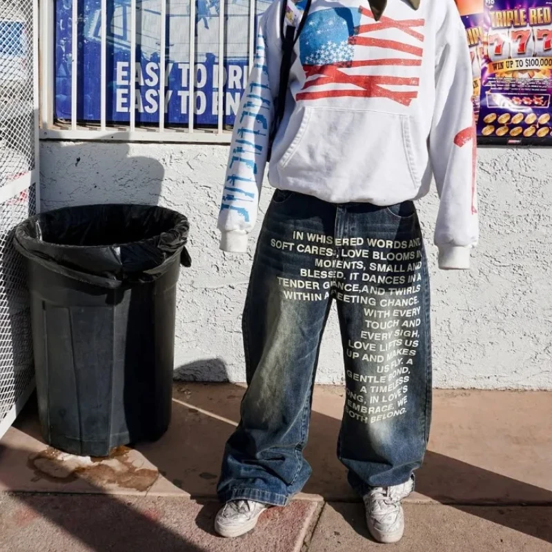American retro patterned alphabet men jeans personalized street clothing Y2K goth men and women fashion casual pants
